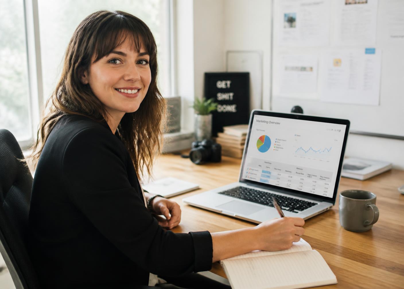 Consultant reviewing marketing performance on a laptop