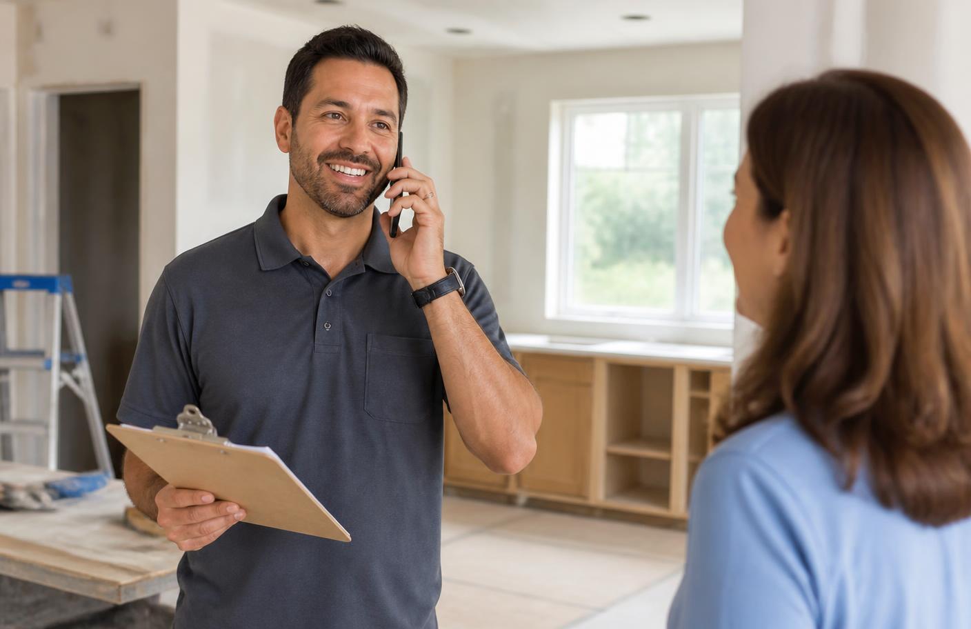 Contractor speaking with a customer during a home renovation
